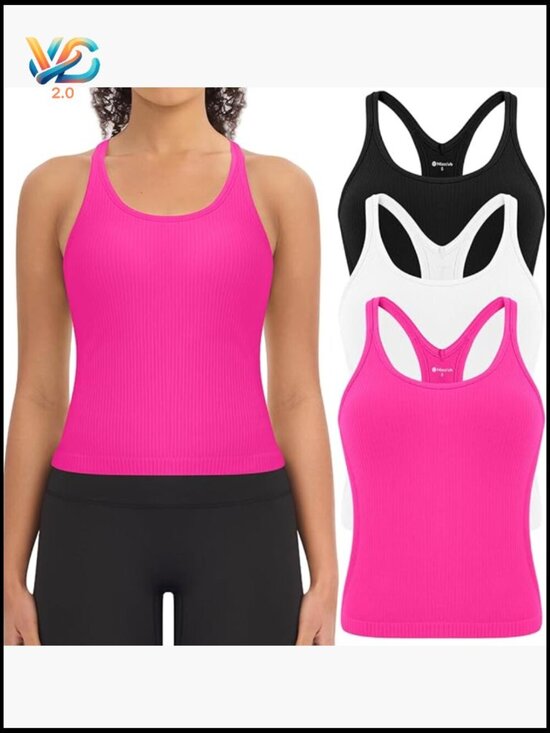 Tops - Slim Fit Seamless Ribbed Crop Tank Tops with Built-in Bra for Women